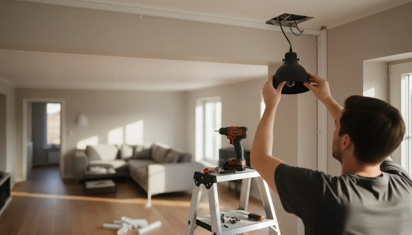 Person på en stige monterer en hængelampe og fastgør en hvid kabelkanal langs loftet.