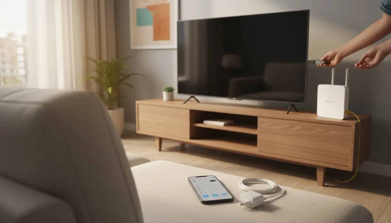 Hænder tilslutter en Chromecast-lignende dongle til et TV ved siden af en ny router og en smartphone med opsætningsskærm.