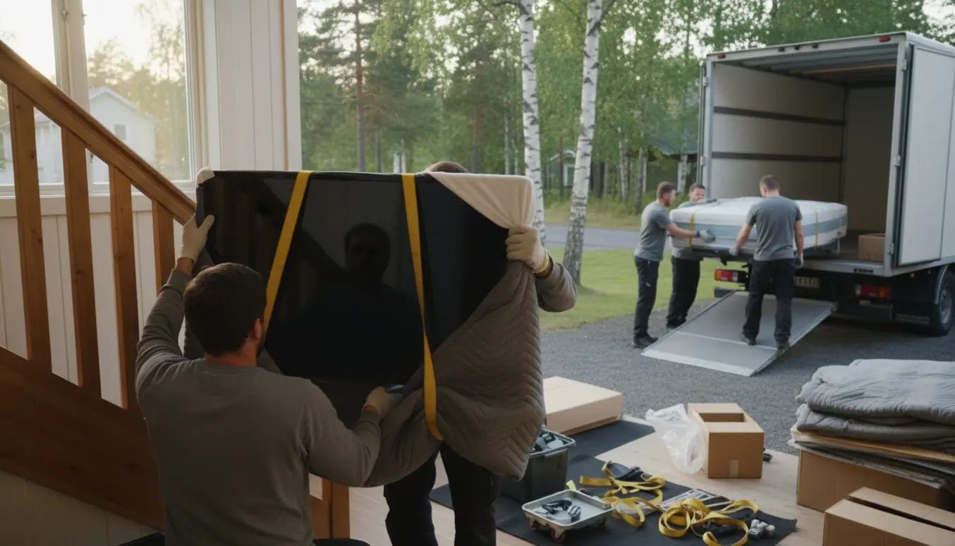 Flyttefolk bærer et stort indpakket fladskærms-tv og en madras ud til en hvid flyttebil i en rolig forstadsgade.