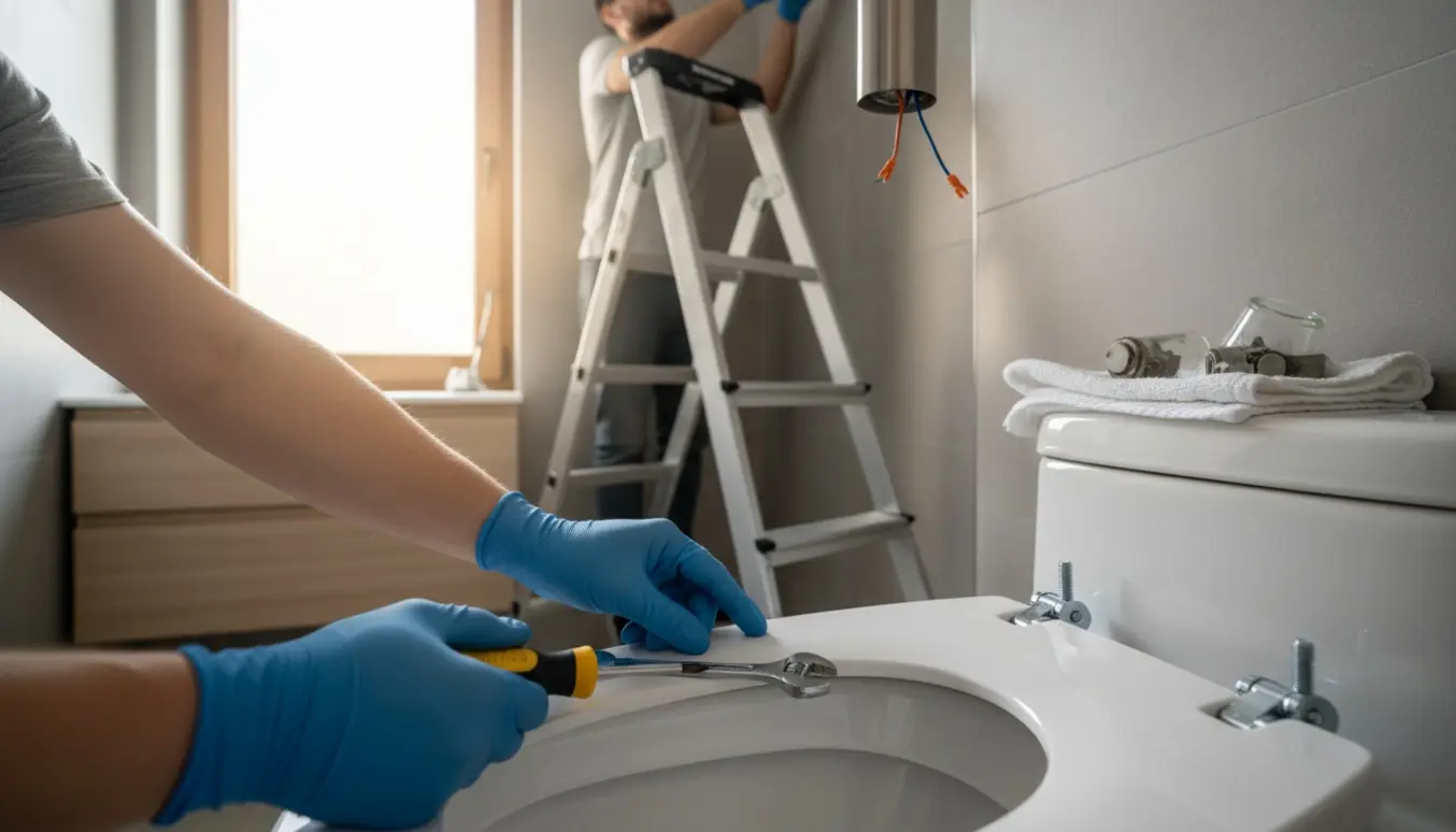 Hænder monterer en ny loftlampe i et lyst badeværelse, mens en anden hånd strammer toiletsædet med en skruetrækker.