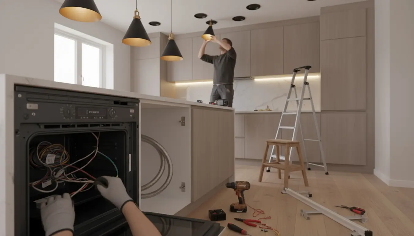 Elektriker tilslutter kogeplade, ovn og opvaskemaskine og monterer pendler i et nyt køkken.