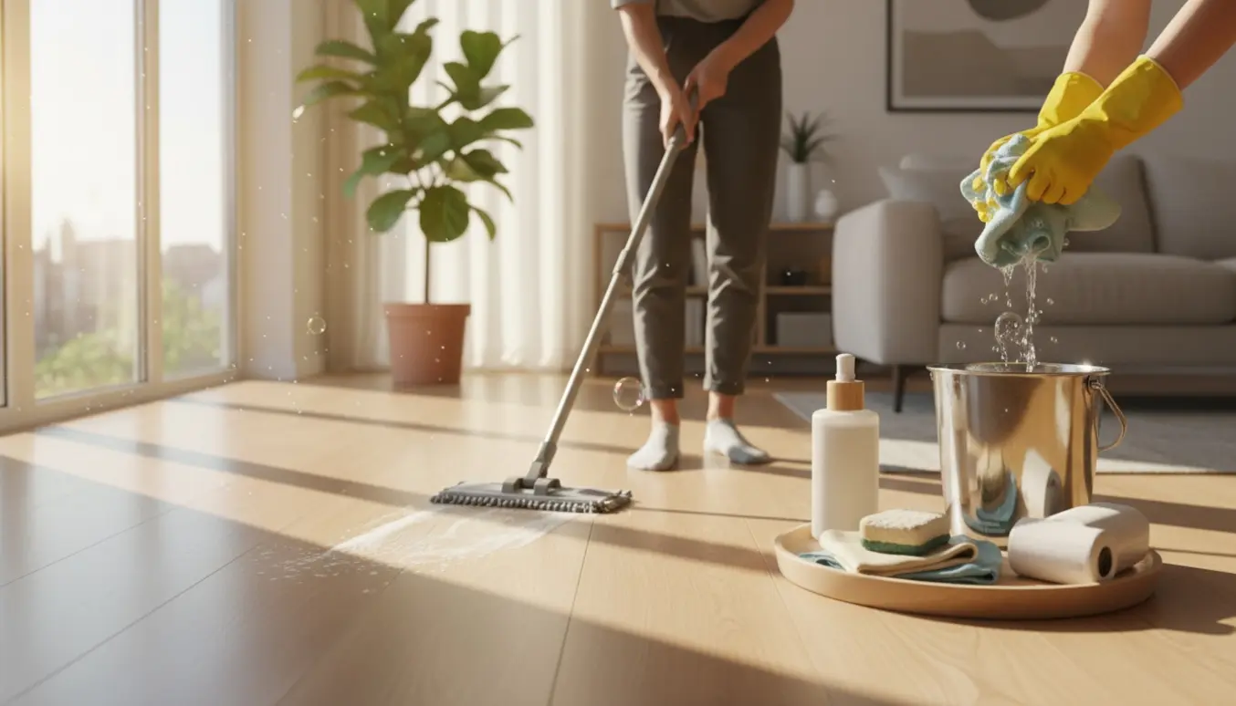 Hænder gør rent i en lys, moderne stue med moppe, spand og rengøringsredskaber.