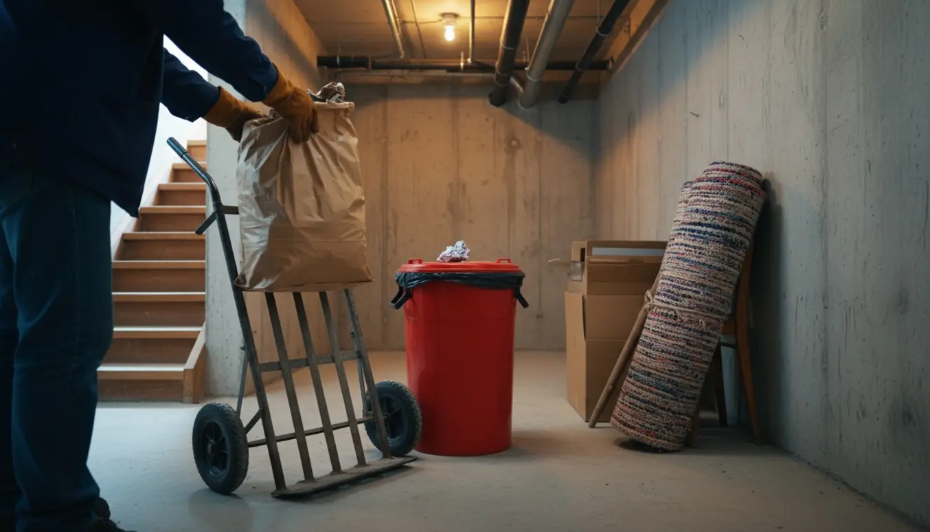 Person med handsker læsser brandbart affald i sække og trillebør i et kælderrum.