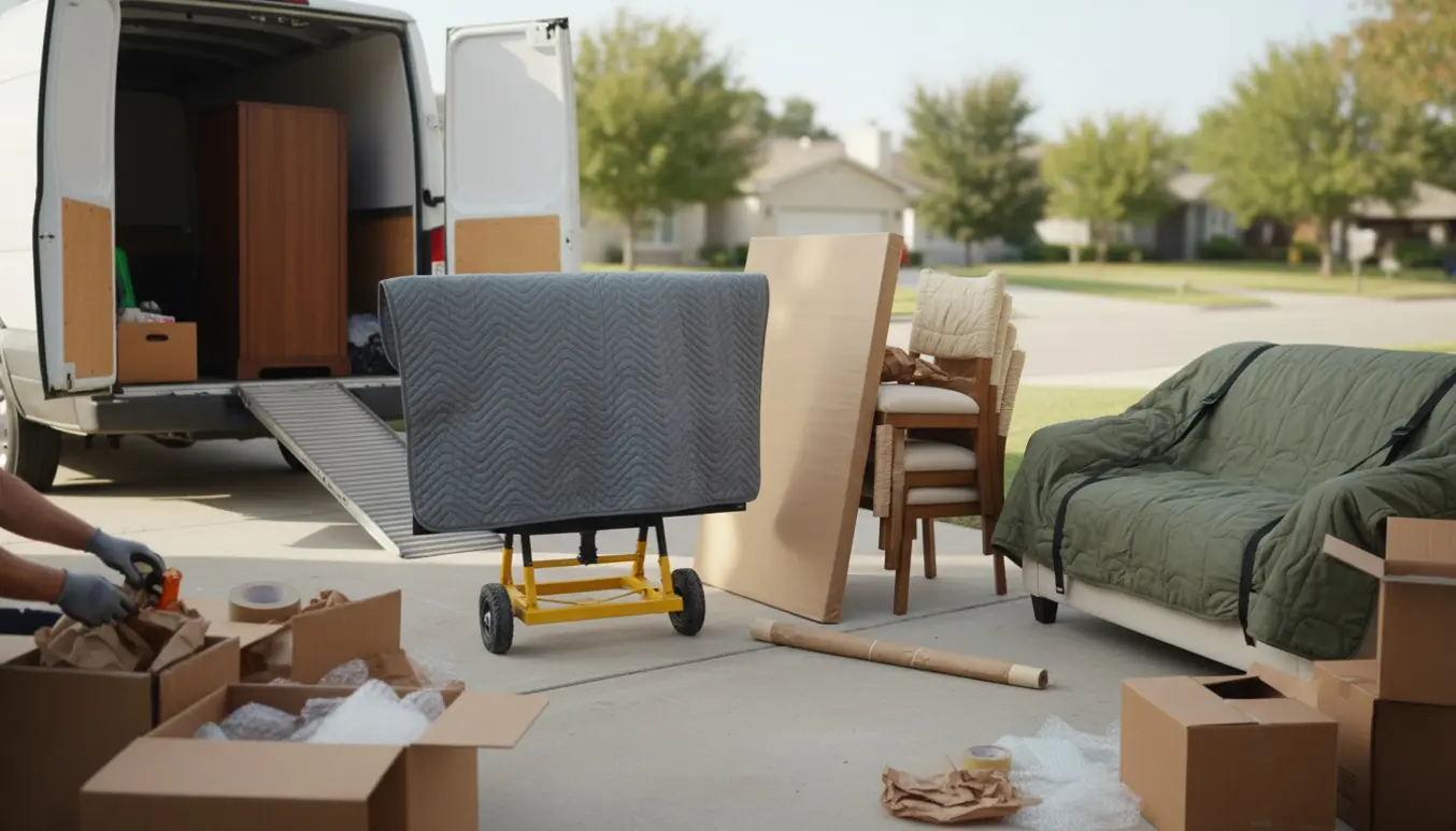 Sofa, tv og spisebord pakket og ved at blive læsset ind i en flyttevogn på en solrig indkørsel.