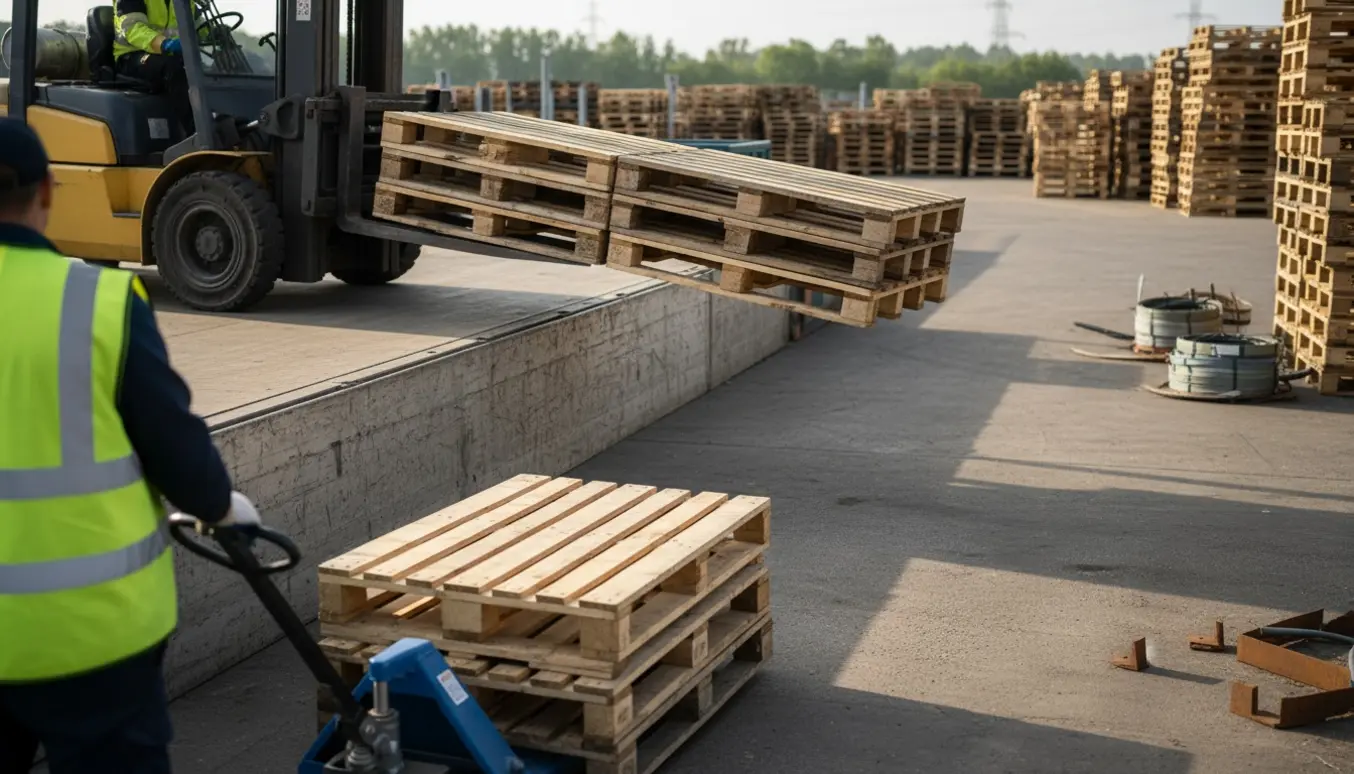 Langtræspaller læsses til genbrug på et genbrugscenter, arbejdere ses bagfra.