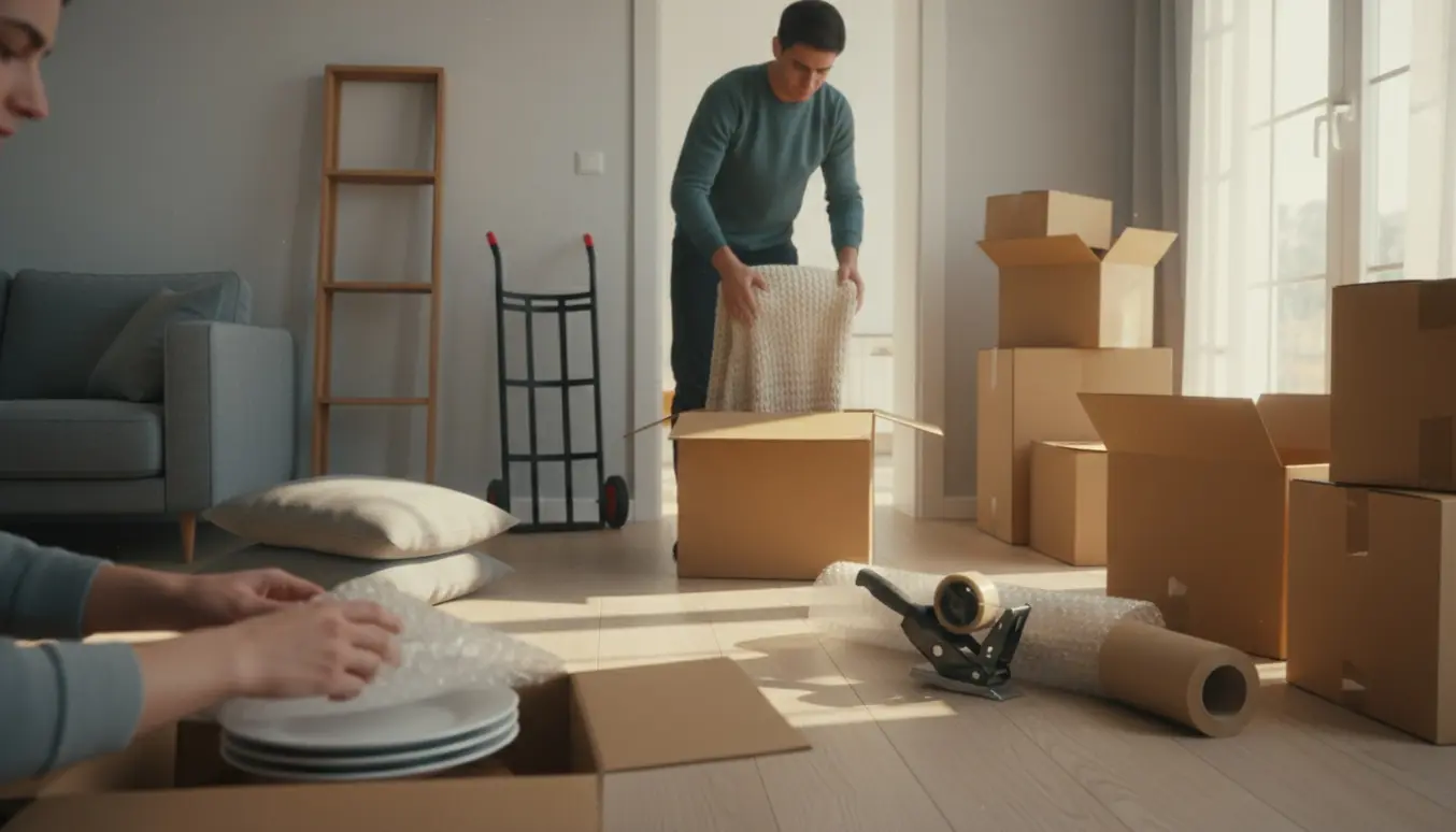 Hænder og rygge af personer pakker flyttekasser i en lys stue med sofa, pakkematerialer og en trillebør.