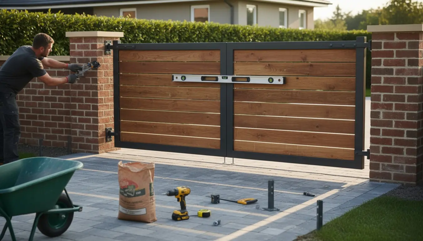 Ny dobbelt låge monteres i indkørslen med hængsel og værktøj i forgrunden.