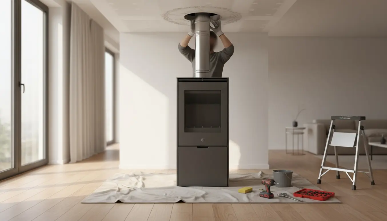 En tekniker afmonterer en pillebrændeovn mens hullet i loftet spartles med hvid puds.