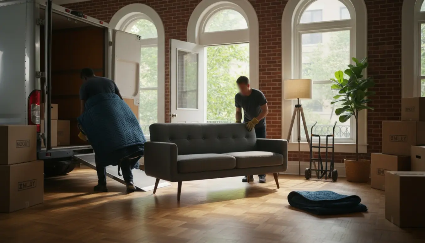 To flyttefolk bærer en sofa ind i en lys stue på stueetagen med flyttekasser og flyttetæpper omkring.