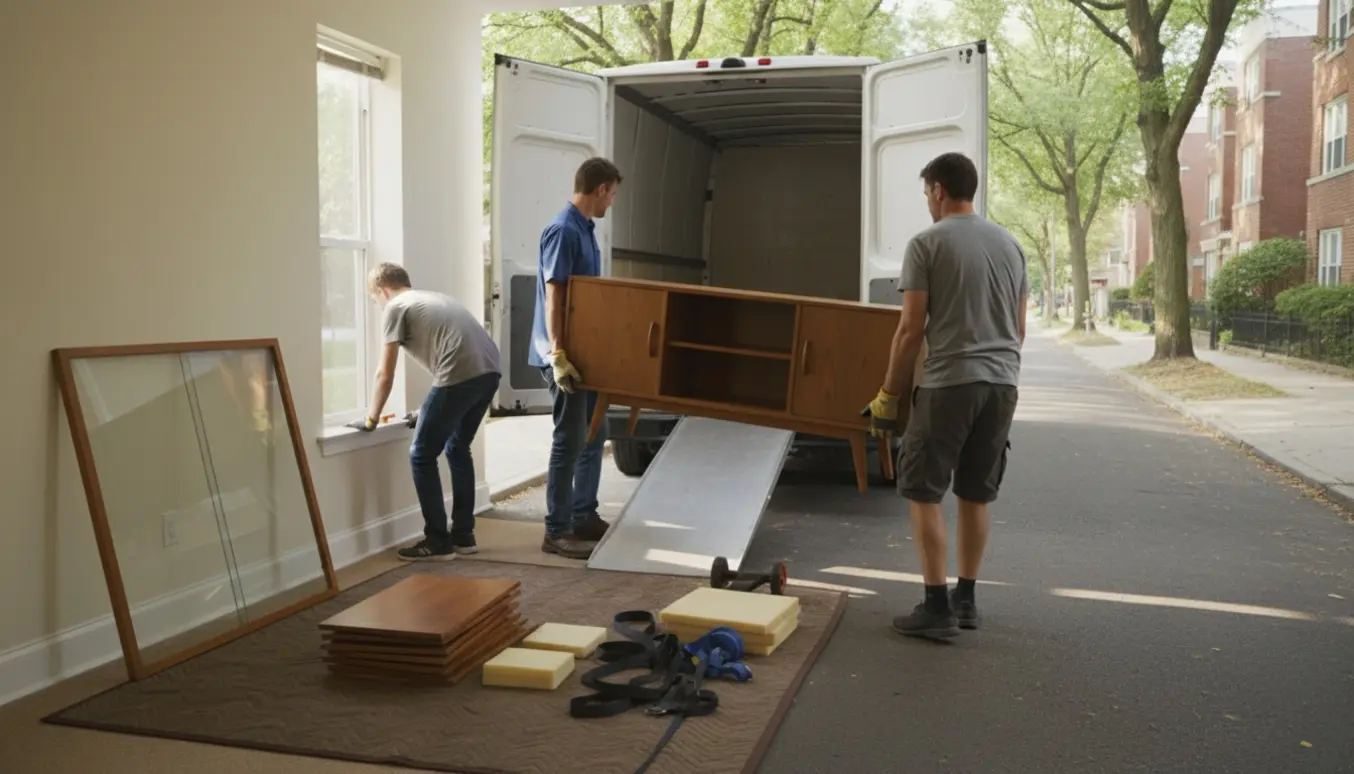 To personer bærer en glasskænk med fjernede låger og hylder ind i en hvid flyttevogn på en solrig bygade.