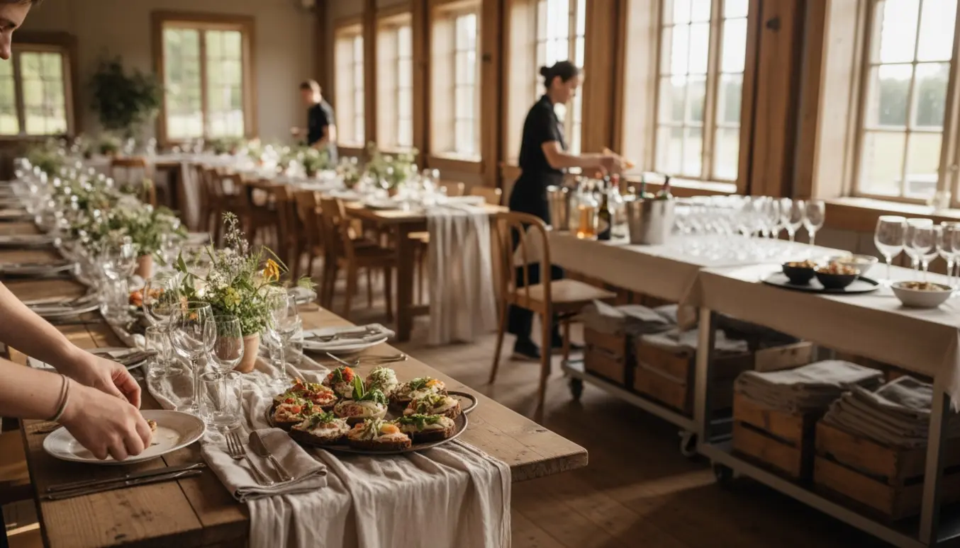 Forberedelse af festlokale med borddækning, blomster, smørrebrød og en selvbetjeningsbar, personale med ryggen til.