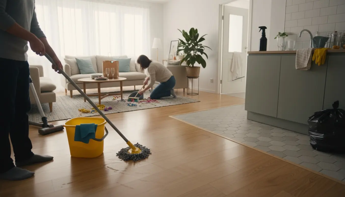 Åben stue og køkken, hvor gulv vaskes med moppe og konfetti ryddes op efter en lille nytårsfest.