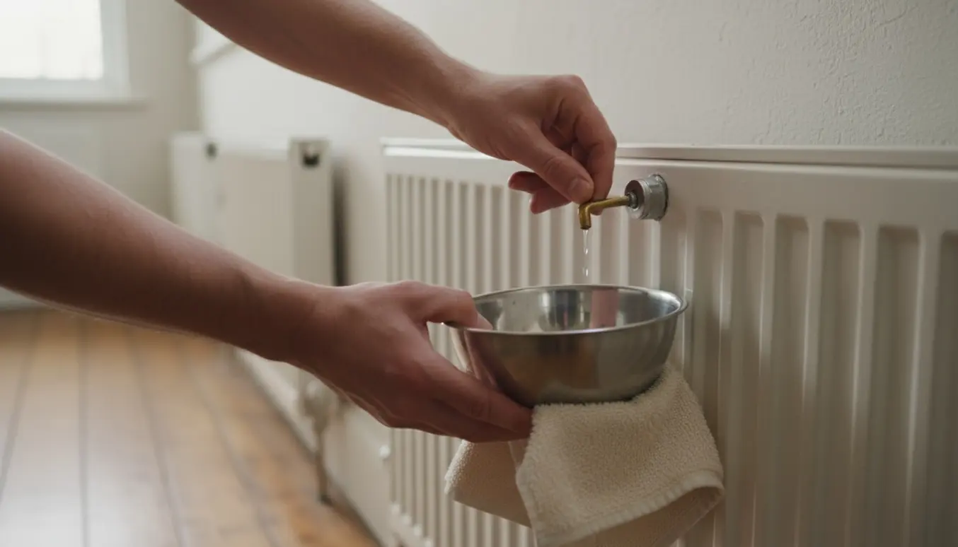 Hænder bruger en radiatornøgle til at lufte en radiator med en skål og klud under til at fange vandet.