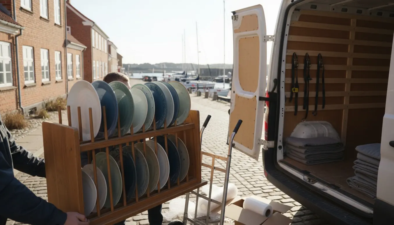 Et træ-tallerkenstativ med porcelæntallerkener læsses ind i en hvid varevogn på en solrig gade i en dansk kystby.