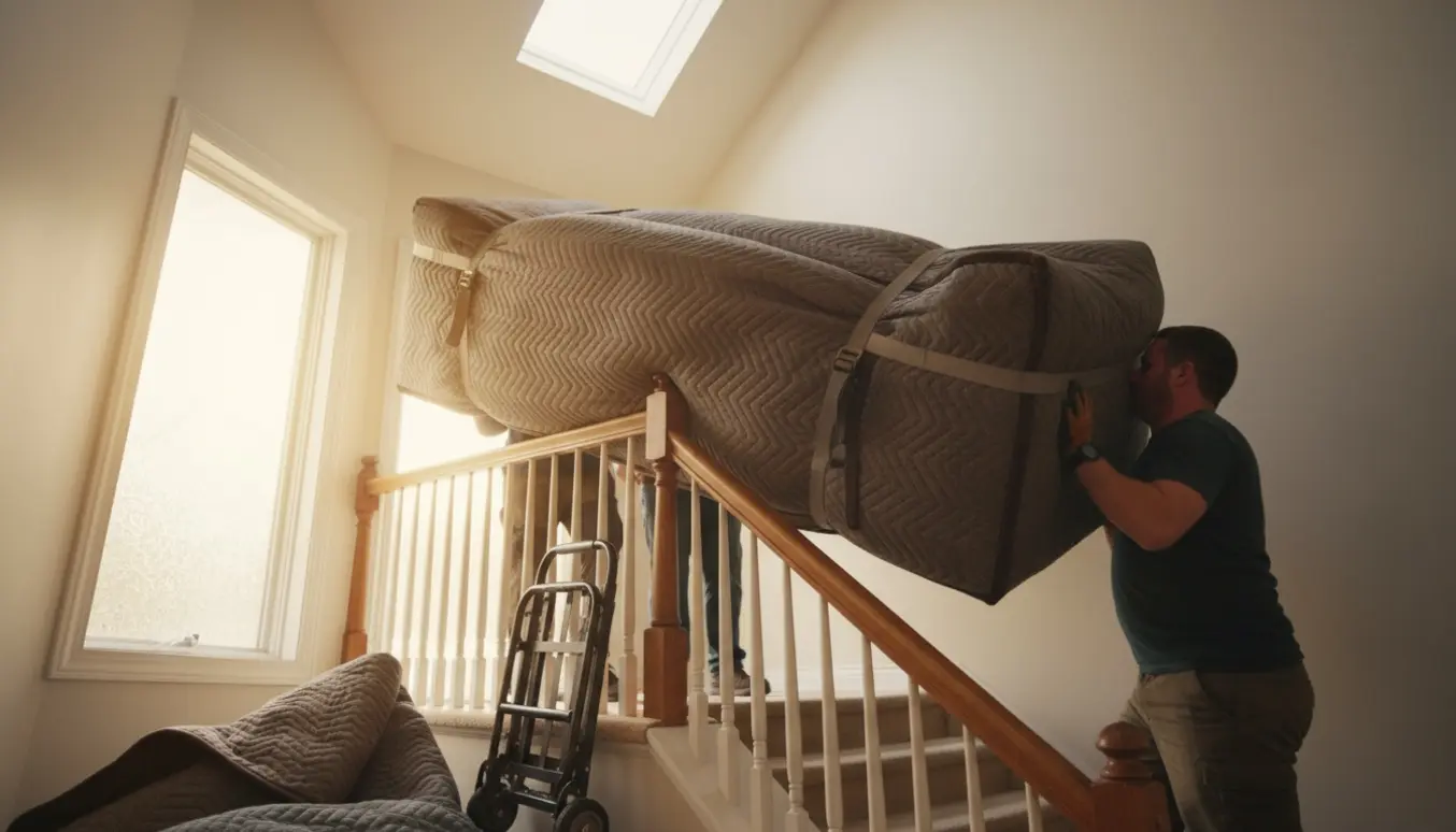 To flyttemænd bærer en stor, indpakket sofa op ad en trappe i en opgang.