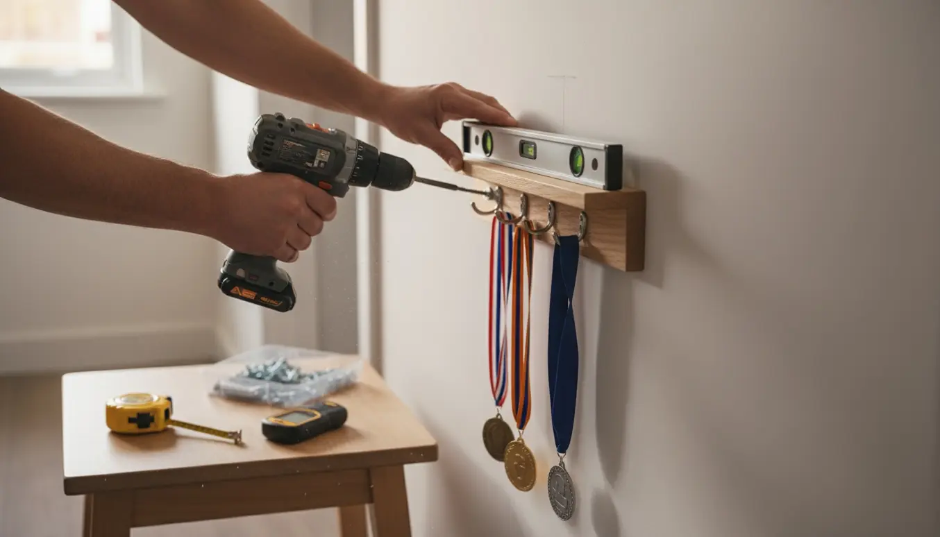 Hænder monterer en træ-medaljeholder på en væg med boreværktøj og måleværktøj.