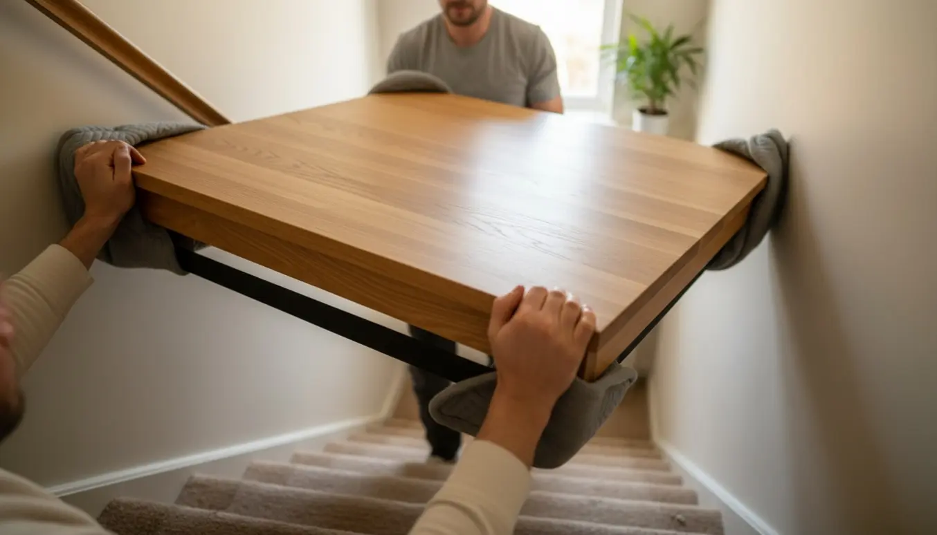 To personer bærer et firkantet træbord (ca. 120 x 120 cm) op ad en indendørs trappe.