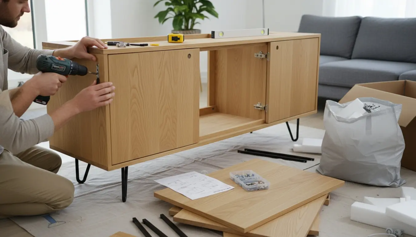 Delvist samlet 150 cm skænk i stue med værktøj og emballage klar til bortskaffelse.