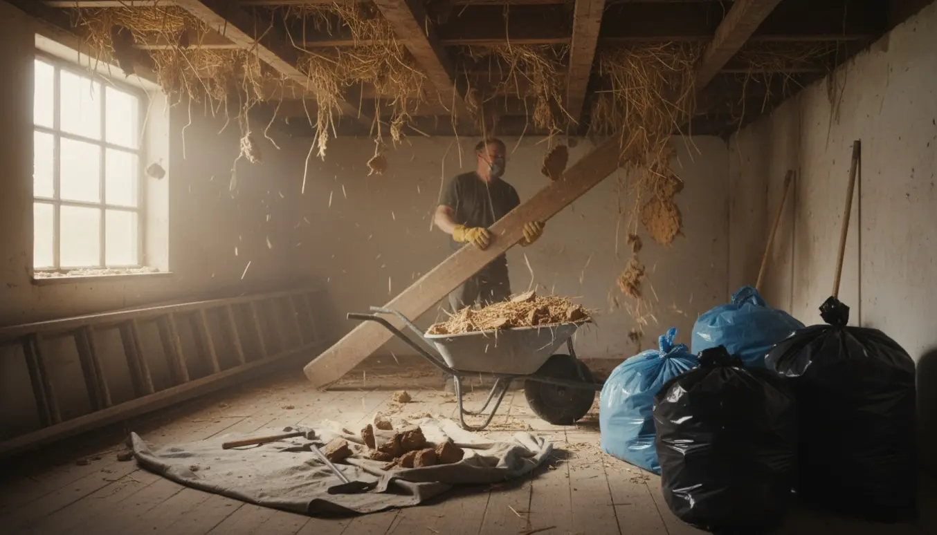 Nedtaget loft i en lille stald med synlige rafter, strå og ler samt værktøj og affaldsbunker.