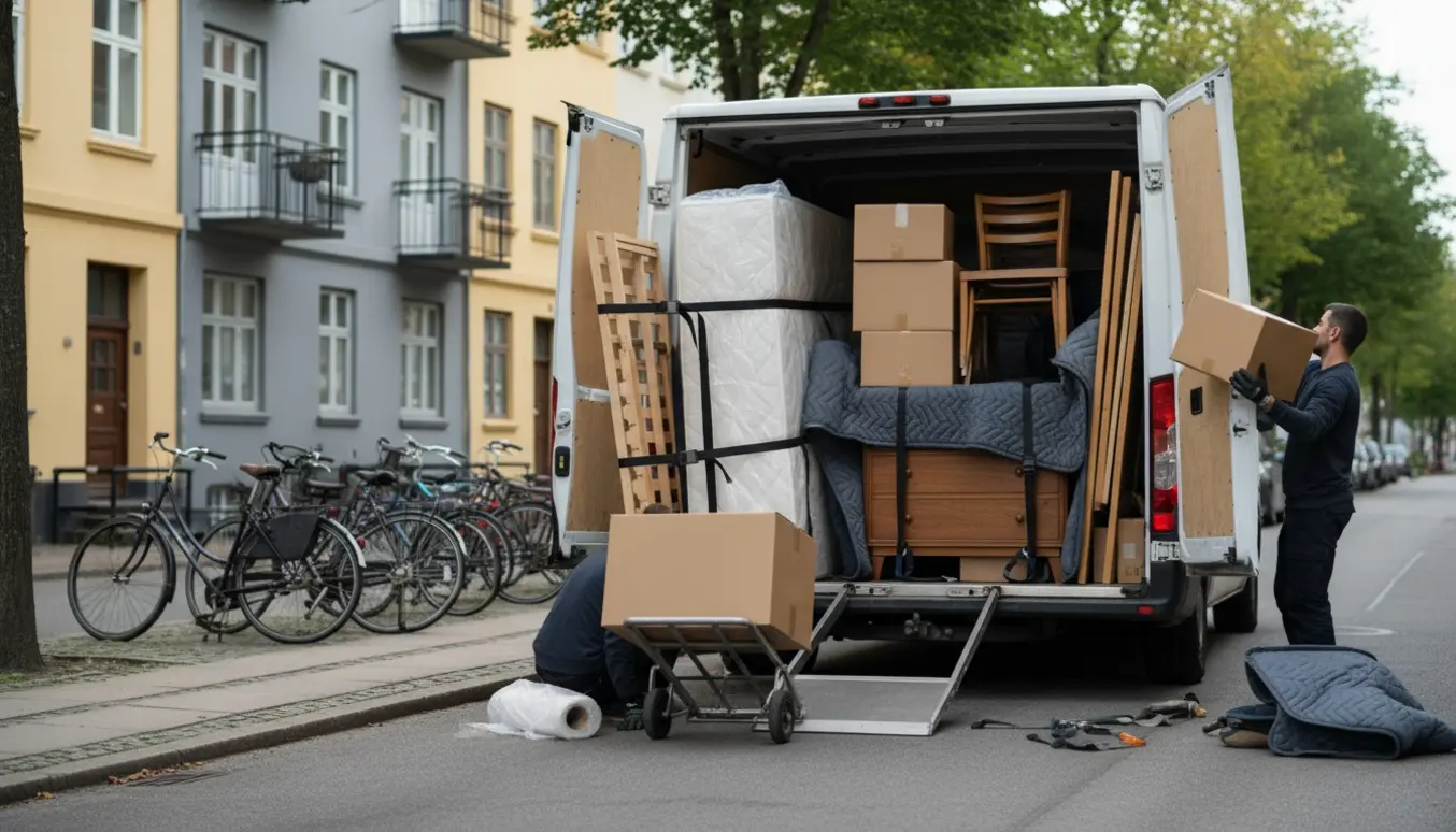 Flyttebil med åben lad fyldt med seng, kommode, bord, fire stole og ti flyttekasser klar til afhentning.