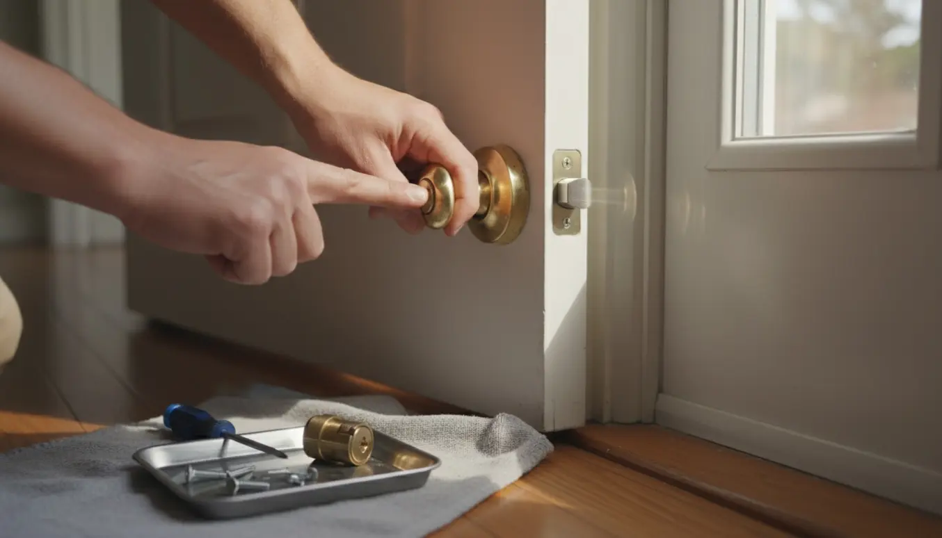 Nærbillede af en indvendig hoveddørslås, der drejer uden at låse, med hænder og værktøj ved siden af.