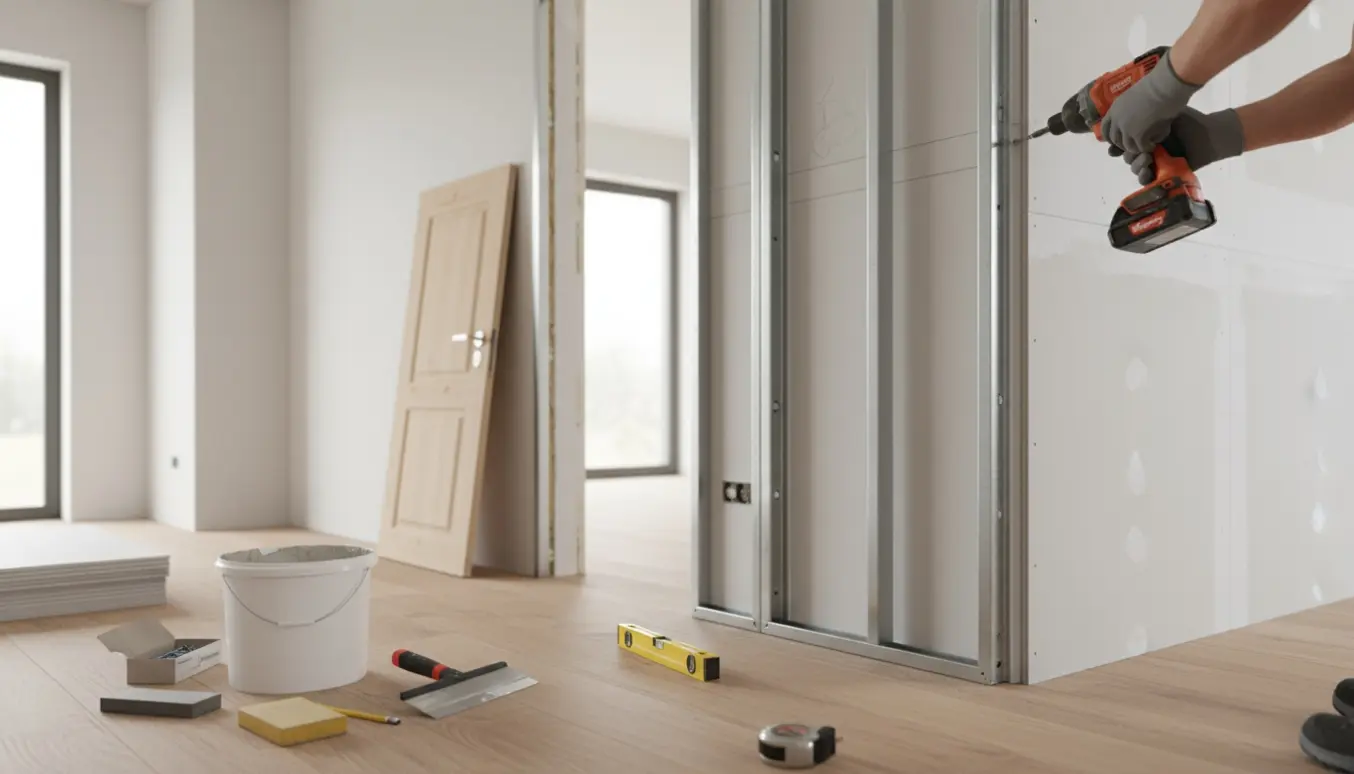 Håndværker monterer en lille gipsvæg med døråbning i et lyst rum, omgivet af materialer og værktøj.