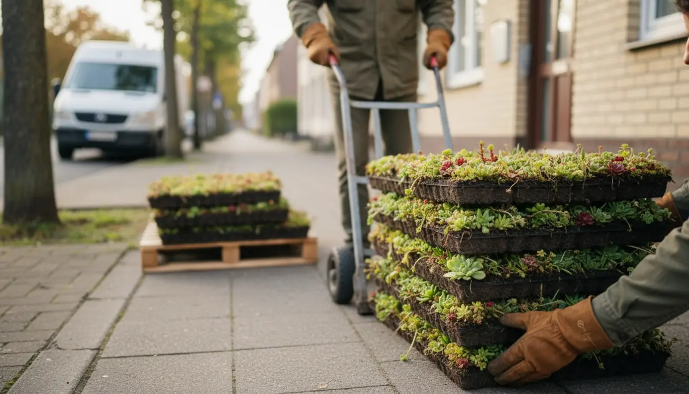 Sedumbakker stabler på fortovet mens en arbejder skubber en sækkevogn med en bakke.