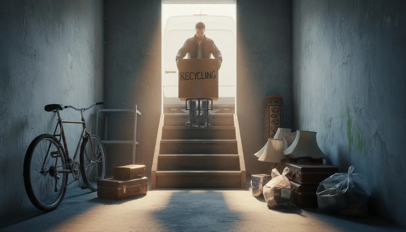 En person skubber en kasse op ad en kældertrappe mod en åben varevogn fyldt med genbrugsting.