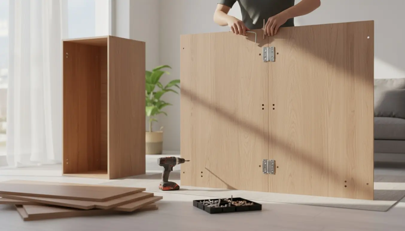To personer monterer et fladtpakket garderobeskab i en lys stue med fokus på hænder, træpaneler og værktøj.