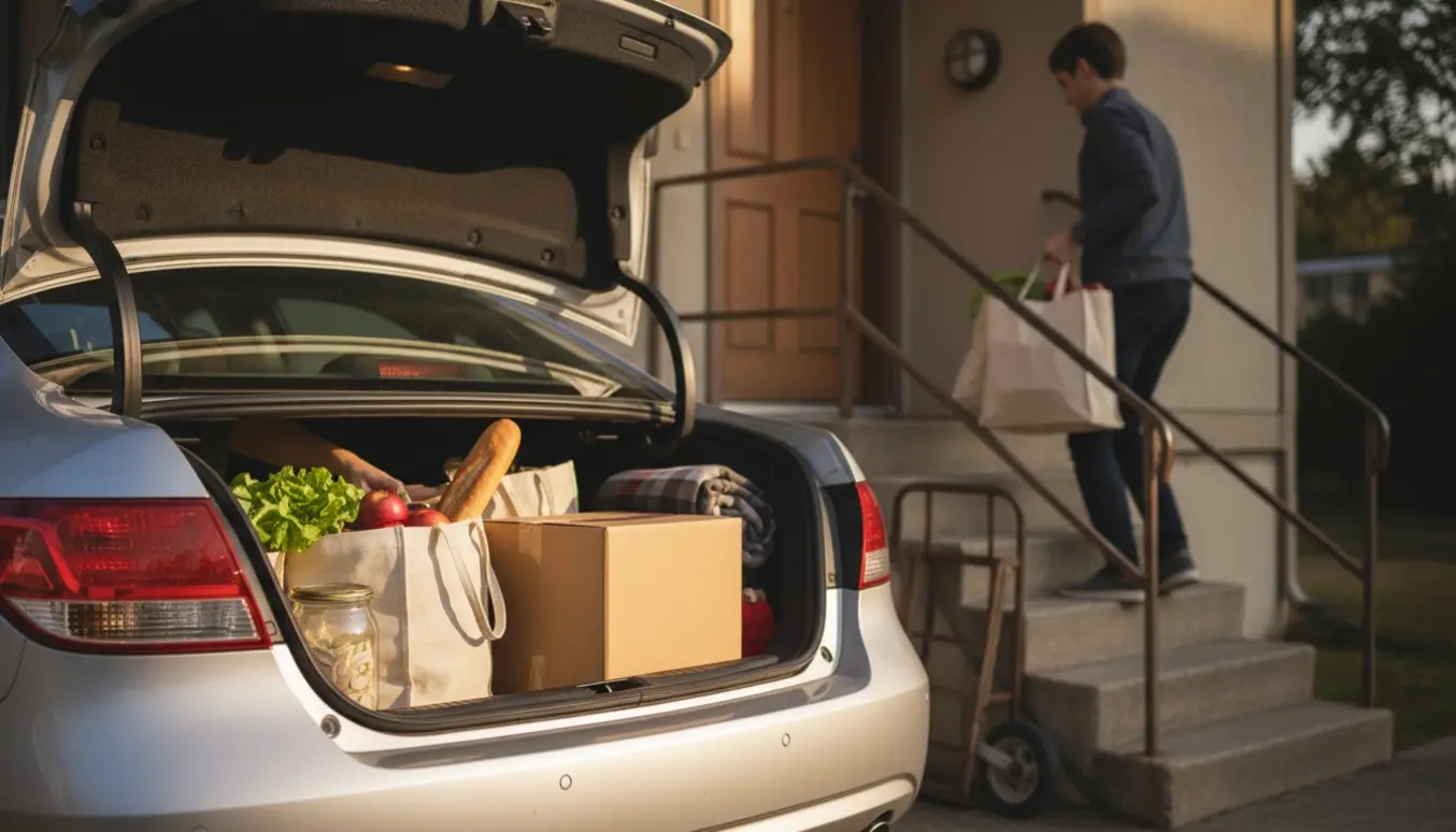 Dagligvarer læsses fra en åben bil, mens en person bærer poser op ad en trappe til 2. sal.