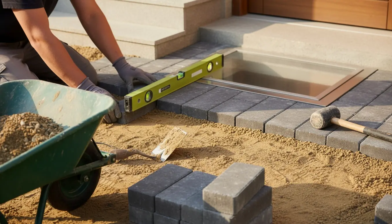 Nærbillede af hænder, der lægger fliser omkring en trappe og lyskasse ved en ydermur.