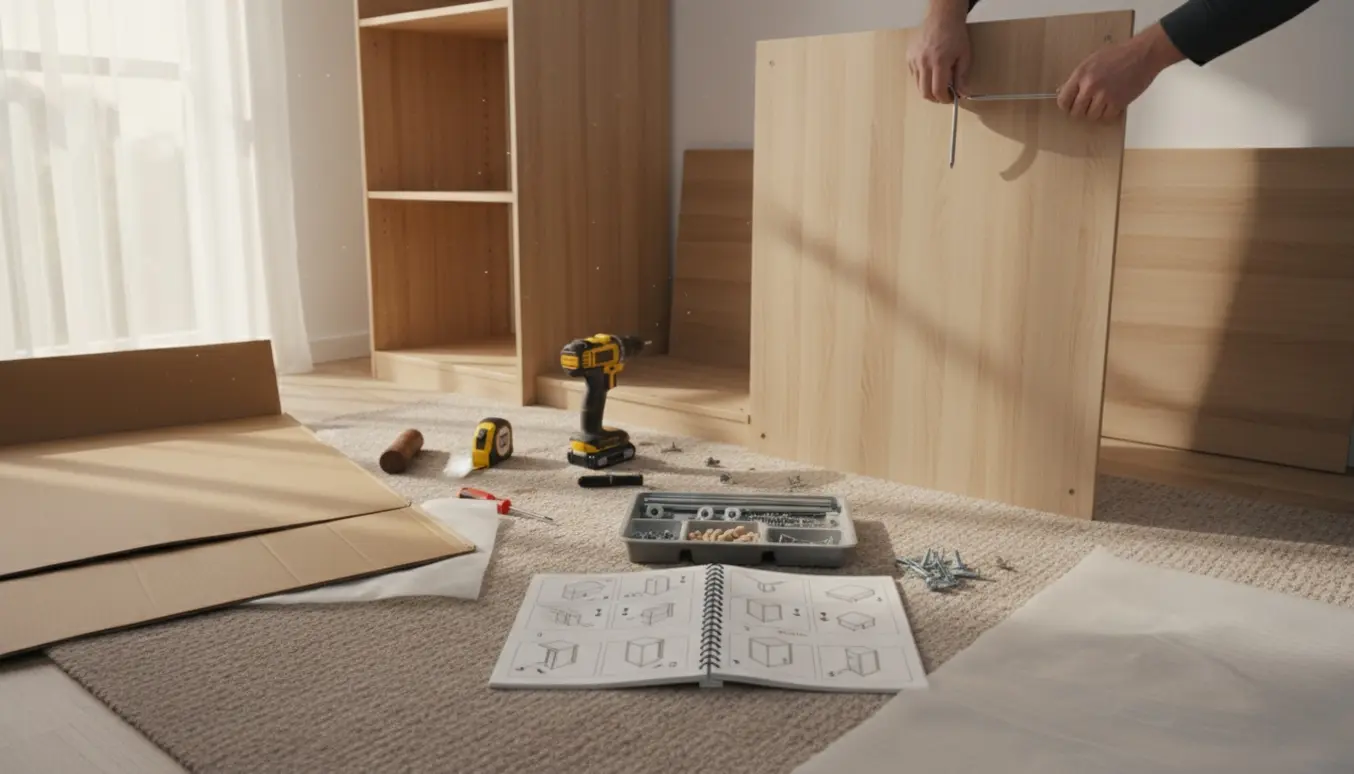 Halvfærdigt fladtpakket garderobeskab på stuegulv med værktøj og åben vejledning, kun hænder synlige.