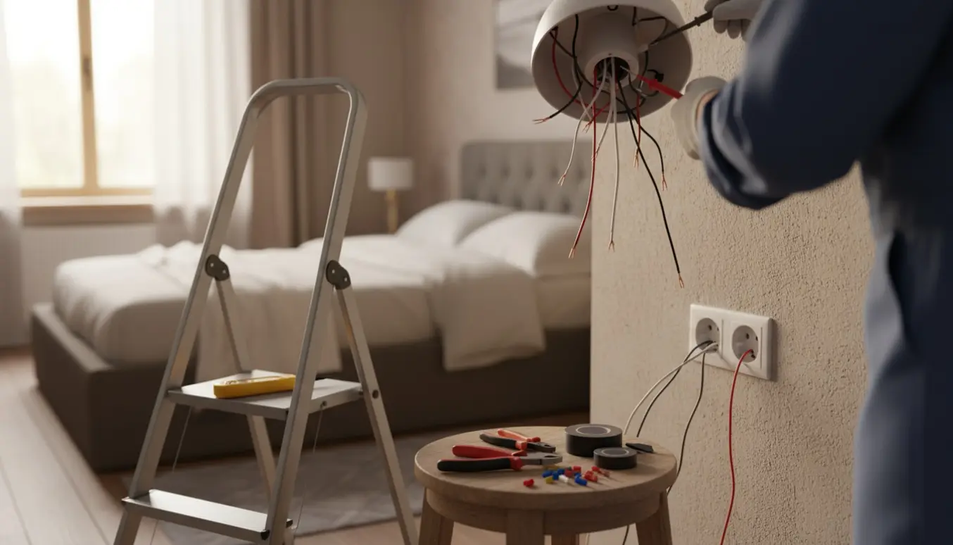 Tekniker arbejder på opsætning af loftlampe med eksponerede ledninger og testudstyr i et soveværelse.