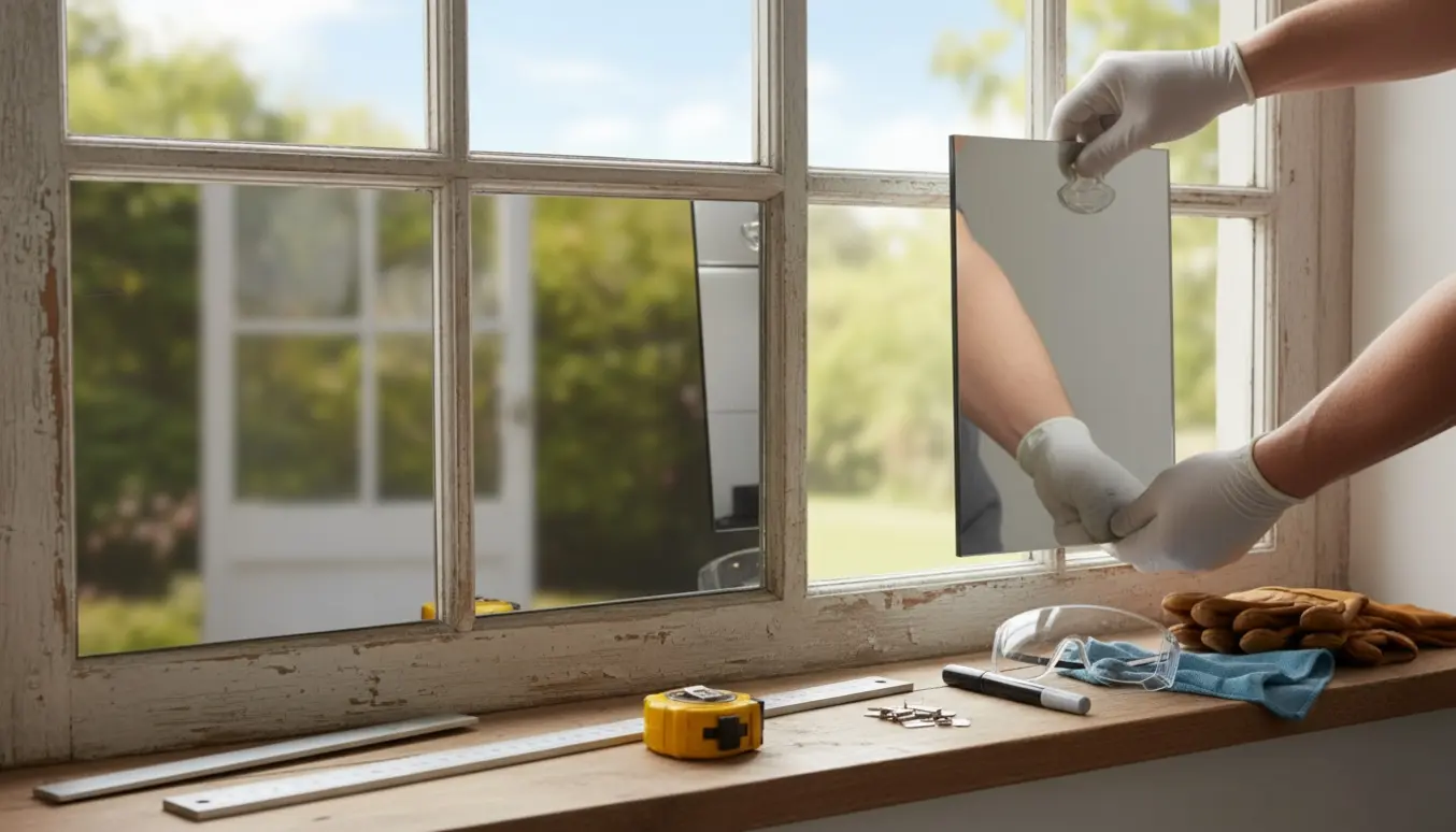 Nærbillede af hænder, der monterer fire små spejle i en vinduesramme med værktøj på vindueskarmen.