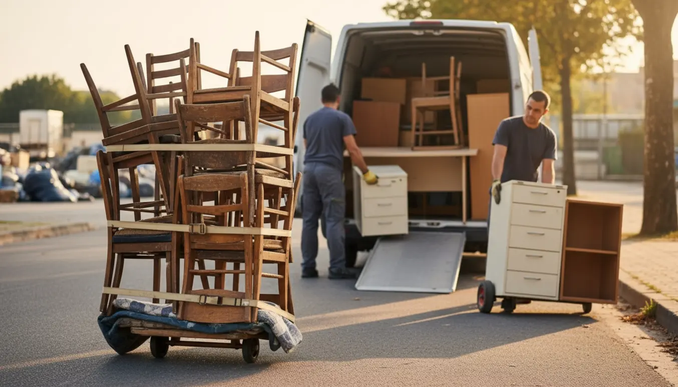 Flyttefolk læsser gamle stole, skriveborde og skuffemoduler ind i en varevogn til genbrug.