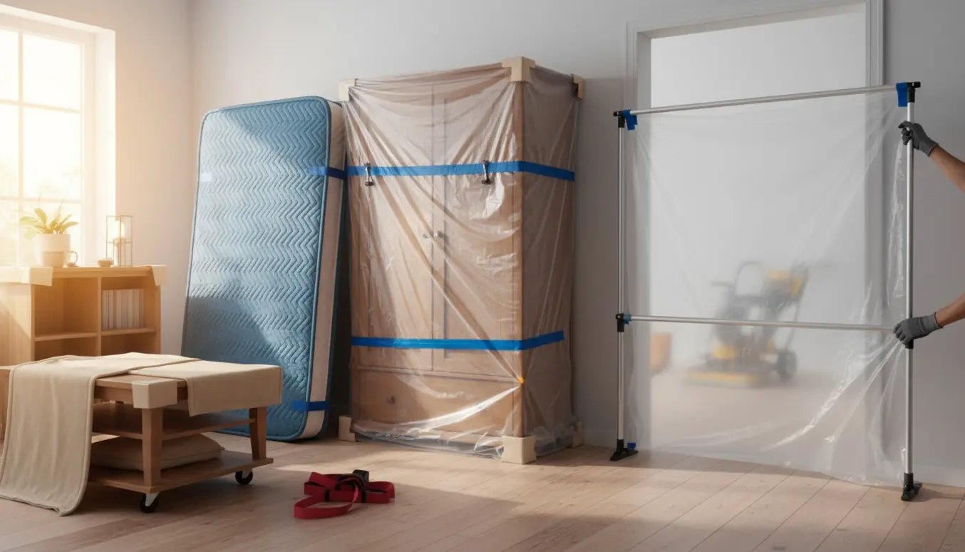 Møbler samlet i stuen og dækket med plastik og tæpper som beskyttelse under gulvrenovering.