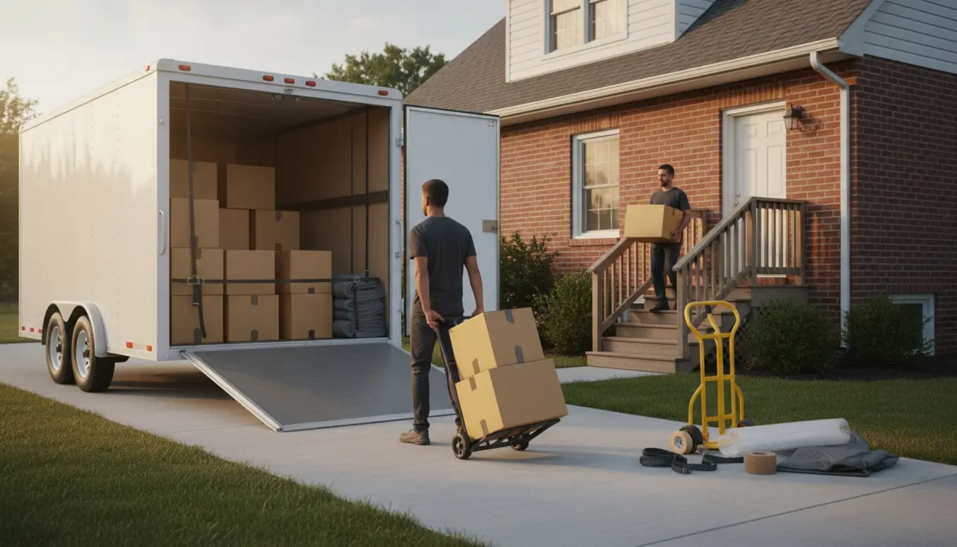 Ubrandet flytteboxtrailer i indkørsel mens flyttefolk bærer kasser op ad trappe til første sal.