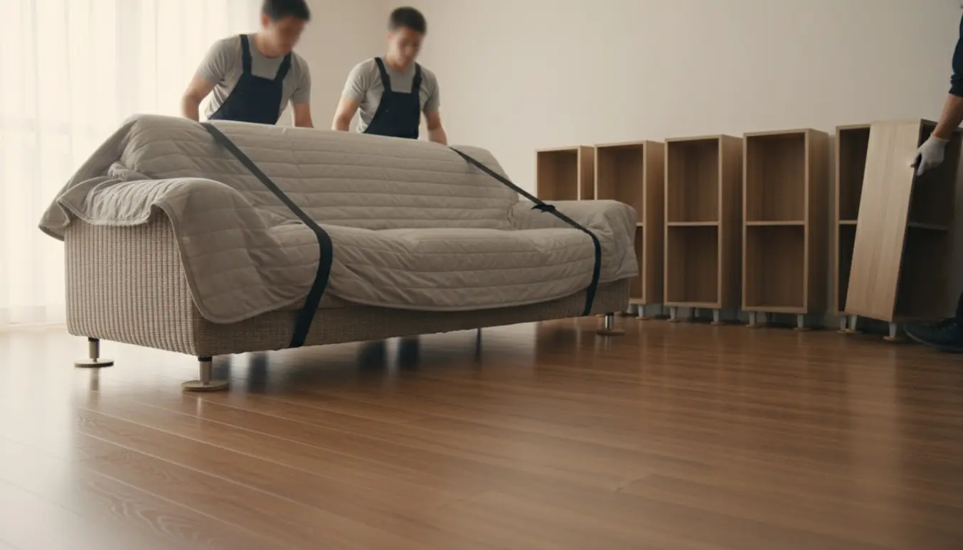 To personer flytter en hjørnesovesofa på møbelskjulere og justerer flere reoler i en lys stue.