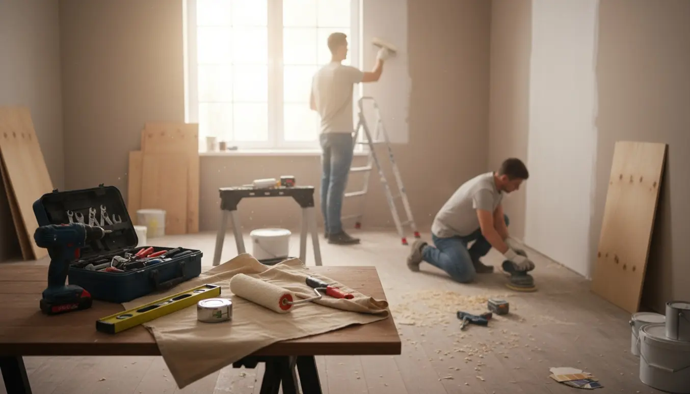 Indendørs husrenovering med værktøj, arbejdshandsker og en maler på en stige i naturligt lys.