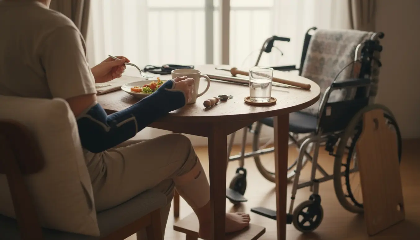 Person med delvis lammelse i højre side sidder ved køkkenbord med støtteudstyr og hjælpemidler.