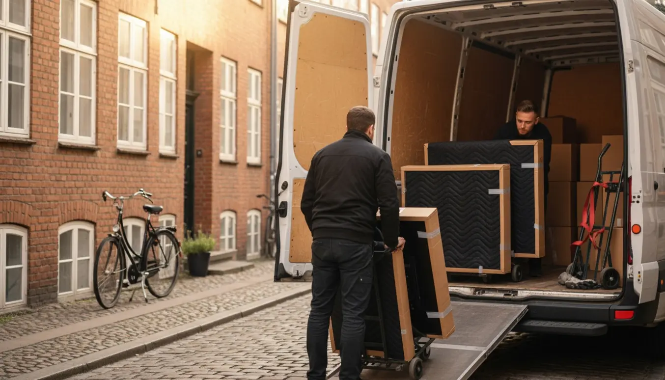 To flyttemedarbejdere læsser fire fladskærms-tv ind i en varevogn på en københavnsk gade.