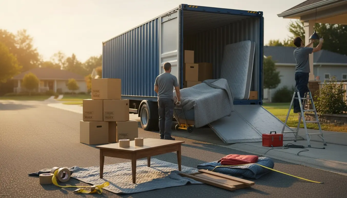 To hjælpere læsser en blå flyttecontainer med sofa, seng og flyttekasser, mens en person afmonterer en lampe på en stige.