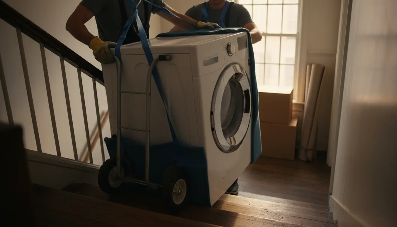 To personer bærer en vaskemaskine op ad en opgangstrappe med flyttetæpper og stropper, ansigter ikke synlige.