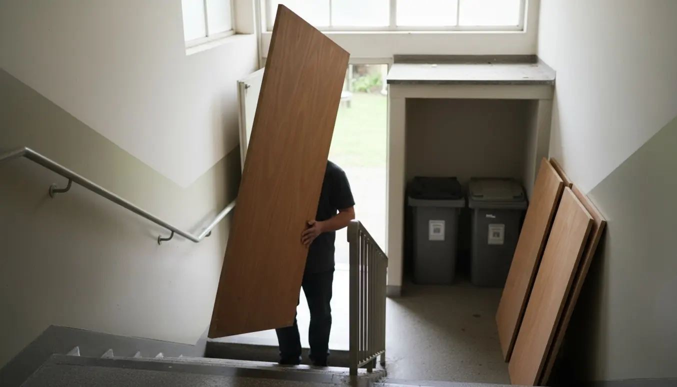 En person bærer et langt skabspanel ned ad en trappe mod et åbent skralderum i baggården.