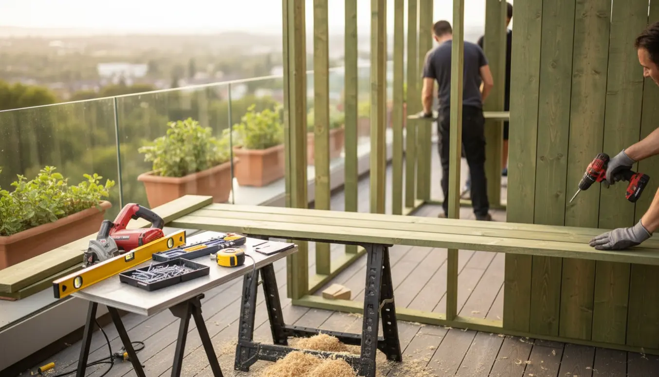 Halvt bygget trykimprægneret træskur på en terrasse med værktøj og håndværkerhænder i fokus.