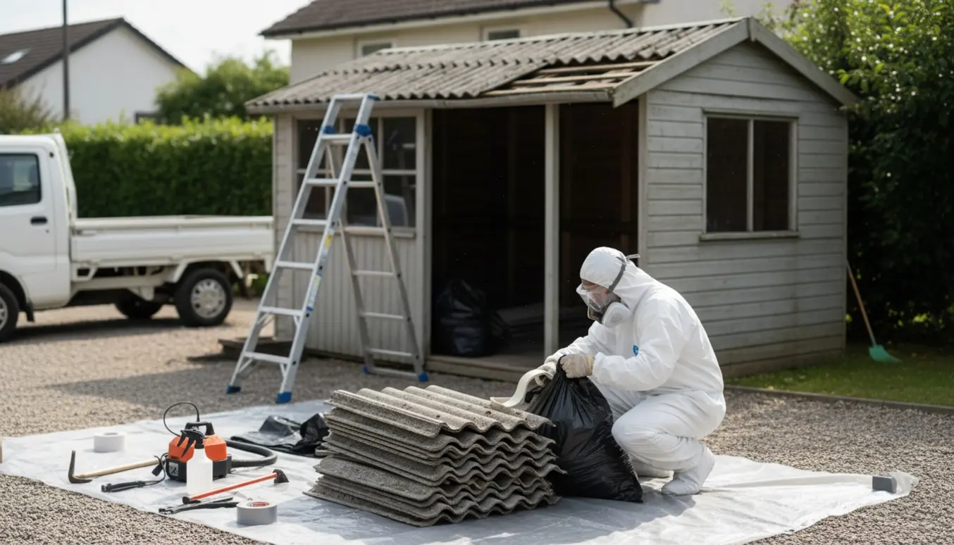 Arbejder i beskyttelsesdragt fjerner bølgeplader fra et lille skur og samler dem sikkert på plastik til bortskaffelse.