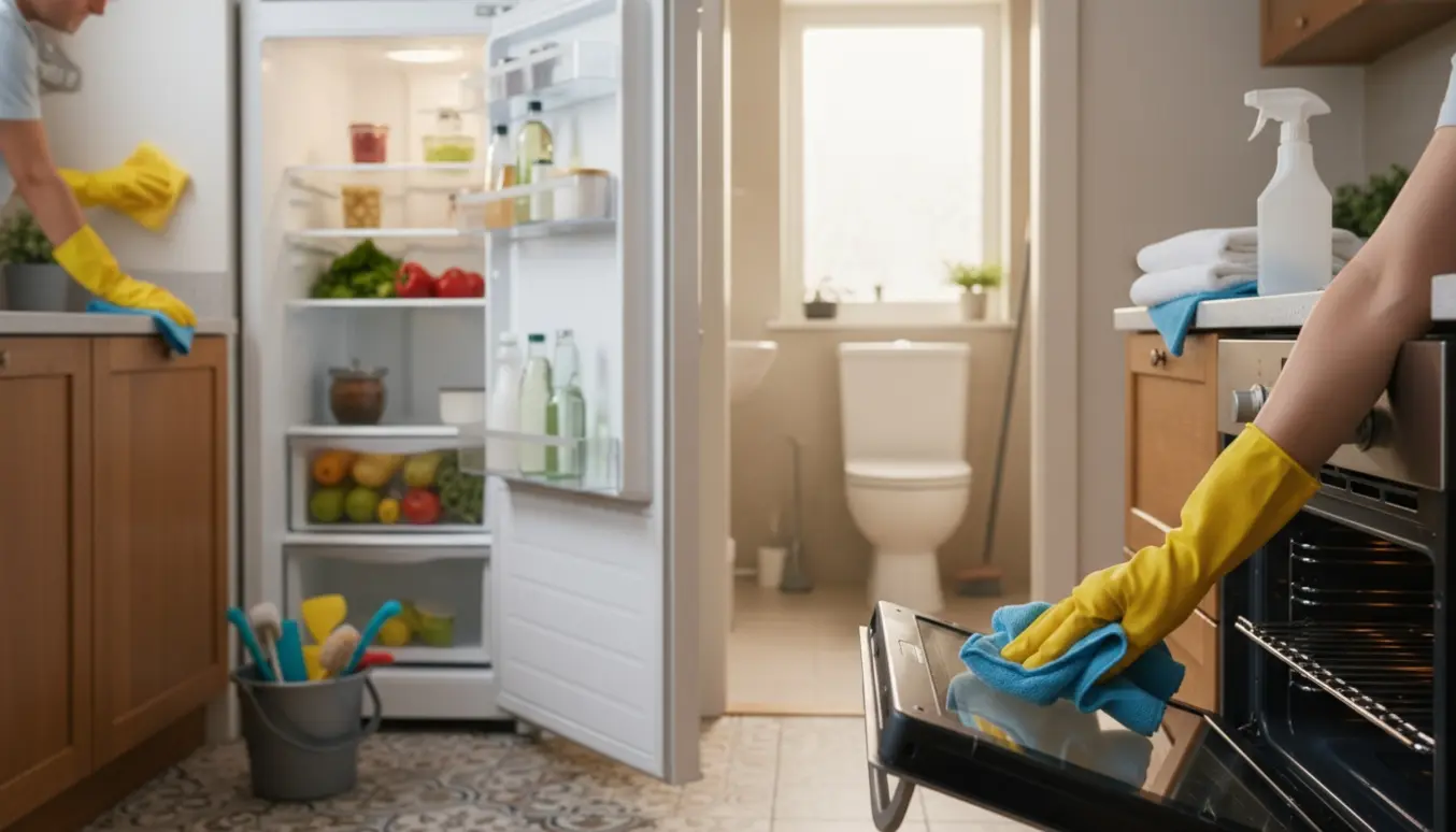 Hænder i gummihandsker pudser ovn og køkkenskabe, mens et rent toilet og håndvask ses i baggrunden.