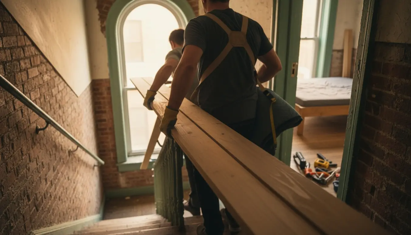 To personer bærer to lange træplader op ad en smal, solbelyst opgang mod fjerde sal.