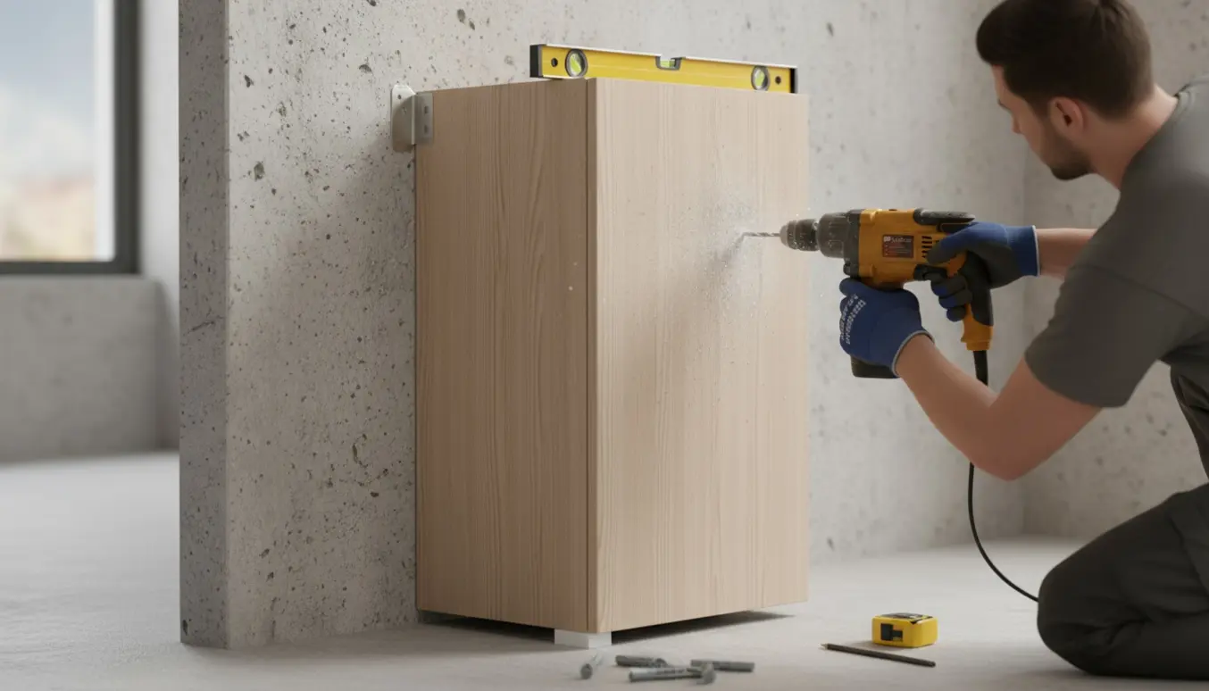 Nærbillede af montering af et højt, smalt PAX-skab på en betonvæg med slagboremaskine og afstandskile til fodliste.