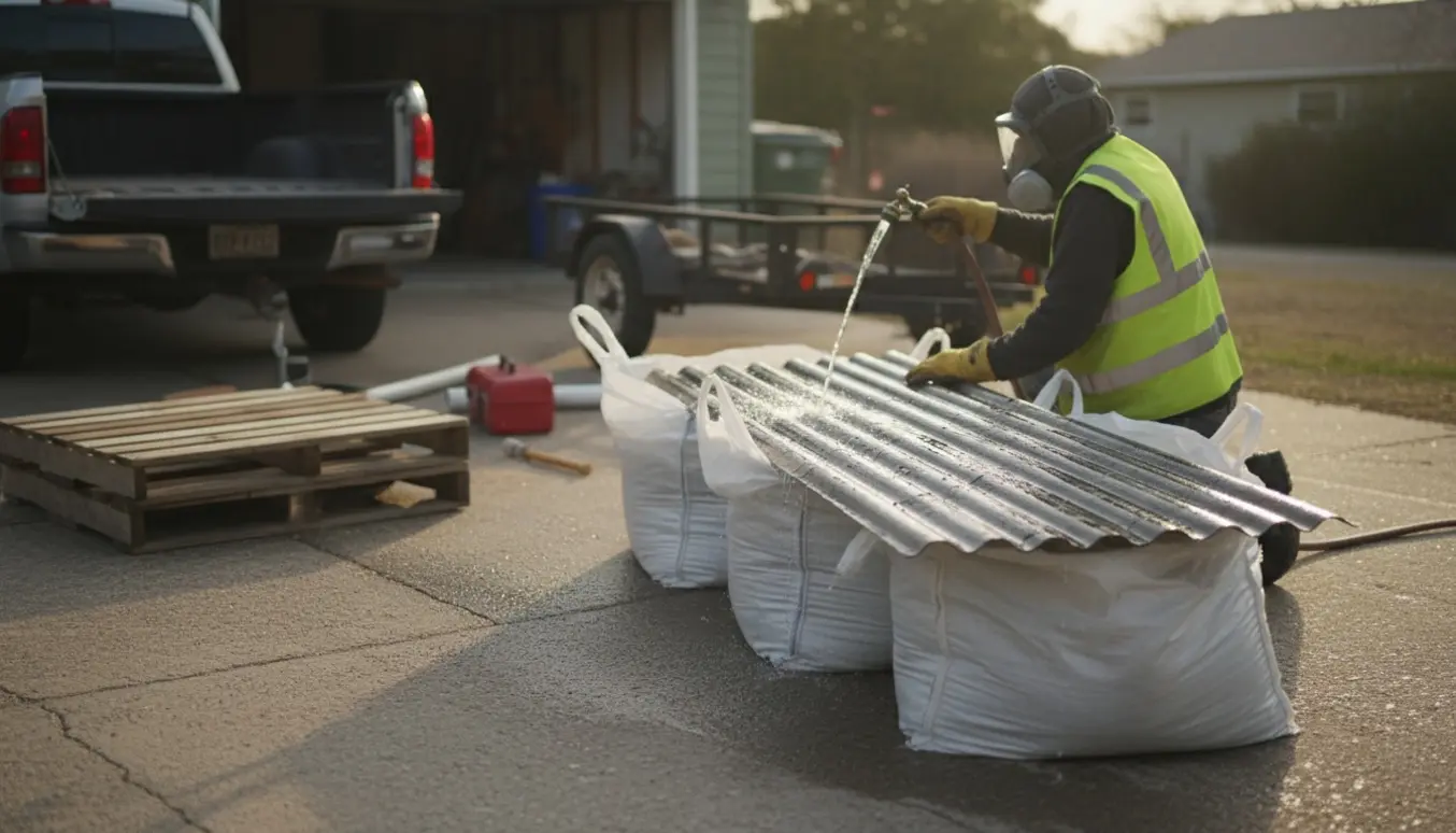 Person i beskyttelse fugter og pakker tagplader i sække ved indkørsel med paller og trailer i baggrunden.